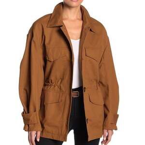Lush Oversized Utility Jacket Button Up Cotton Pockets S Women's Brown Camel Tan